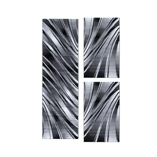 HomebyHome Alfombra Alrededor de la Cama Pila Corta Diseño de Ondas abstractas Dormitorio Suave Rectangular 3 Partes de Corredor Negro, Juego de Cama:2X 80x150 + 1x 80x300 cm