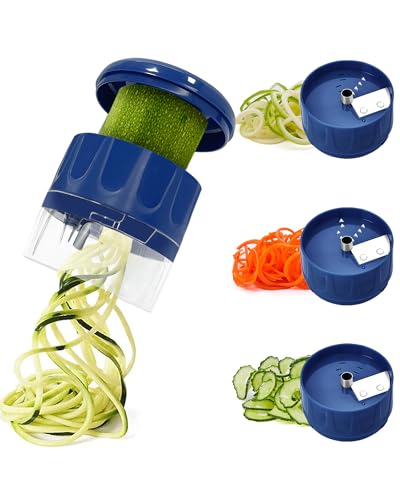 LHS Vegetable Spiralizer 3-in-1, Zucchini Spiralizer Noodle Maker, Adjustable Food-Grade Stainless Steel Blade, Zoodle Maker for Zucchini, Cucumber, Carrot, Veggie Pasta, Low-Carb Meals (Blue)
