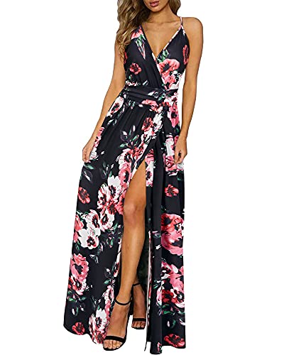 Newshows Women's Summer 2025 Dresses V Neck Spaghetti Strap Vacation Outfits Casual Floral Split Long Maxi Dress for Spring Wedding Guests (Black Floral Pink, Large)