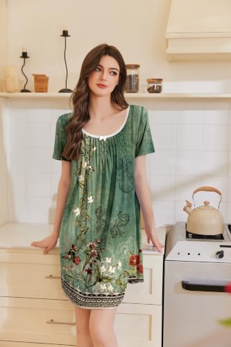 Image of Ekouaer Nightgowns for Women Pleated Sleep Shirts Short Sleeve Night Shirts Lace Trim Night Gown Ladies Sleep Dress