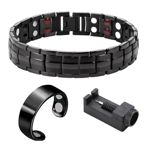 ZWWOGE Pulsera magnética para hombre, terapia magnética, drenaje linfático, pulsera de acero de titanio para artritis, pulsera de curación magnética con herramienta de ajuste (negro)