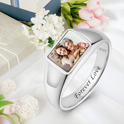 S925 Sterling Silver Custom Photo Ring Mother's Day Jewelry Gift Personalized Memorial Picture Rings with Birthstone Promise Relationship Ring for Women Mom Friend Yourself 6