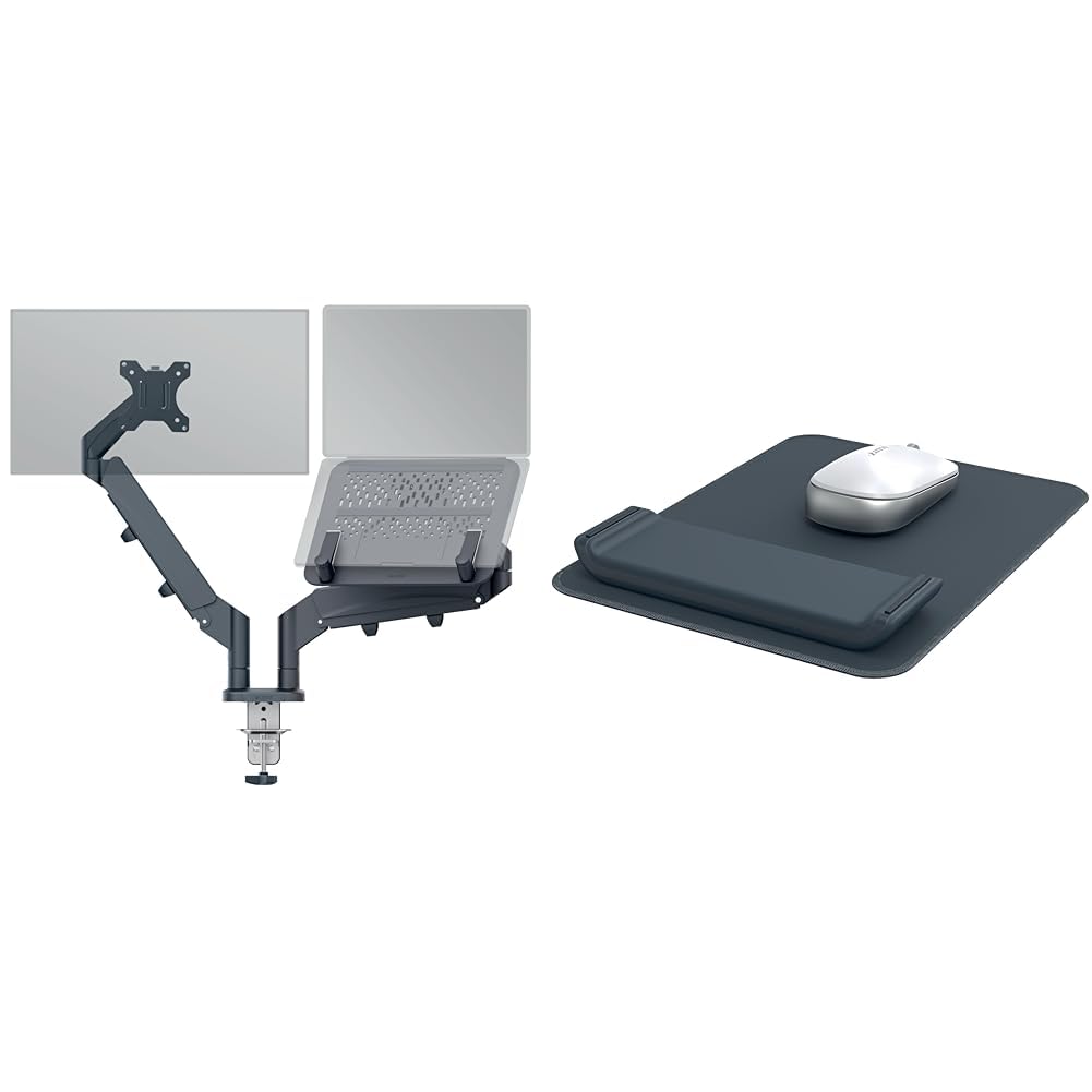 Leitz Ergo Set platzsparender Monitor-Arm + Mauspad mit Verstellbarer Handgelenkauflage, 1 Monitor bis 32'' & 9 kg und 1 Notebook bis 17'', VESA 75/100, Flexibel höhenverstellbar, 65380089 + 65170089