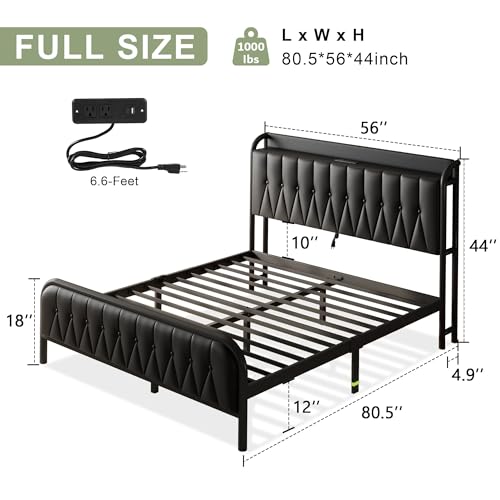 Image of Leather Full Size Bed Frame with Fast Charging Station,Full Metal Platform Beds with Upholstered Headboard & Footboard,12 inch Underbed Storage Space,Easy Assembly,Noise-Free,Black