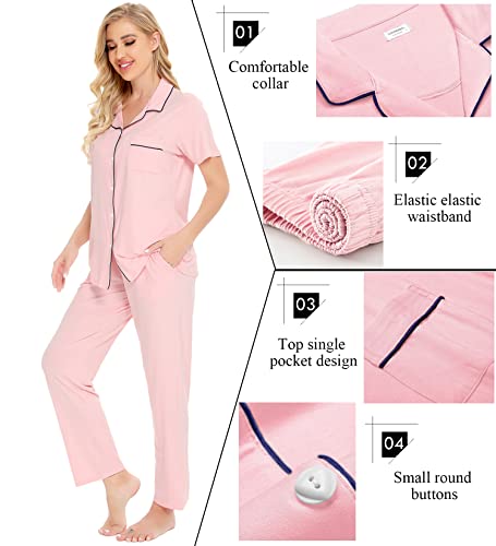 Image of SWOMOG Women Pajama Sets Two-Piece Nightwear Short Sleeve Sleepwear Button Down Pj Lounge Sets with Long Pants