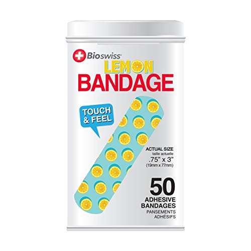 BioSwiss Bandages, Lemon Print Self Adhesive Bandage, Latex Free Sterile Wound Care, Standard Shape for Kids and Adults, 50 Count BioSwiss Bandages, Lemon Print Self Adhesive Bandage, Latex Free Sterile Wound Care, Standard Shape for Kids and Adults, 50 Count