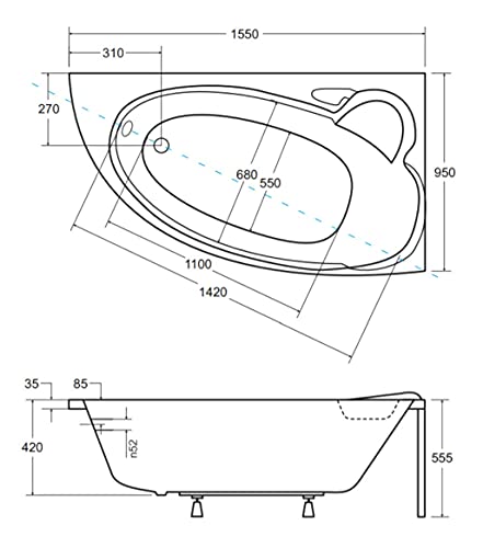 ECOLAM® Badewanne Wanne Eckwanne Eckbadewanne Acryl weiß Finezja 155x95 cm RECHTS + Schürze Ablaufgarnitur Ab- und Überlauf Automatik Füße Silikon Komplett-Set – Bild 4