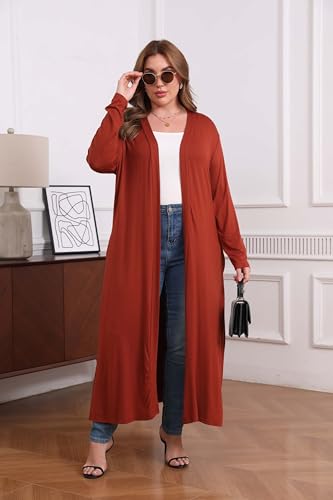 Image of Women Plus Size Floor Length Open Front Drape Cardigan Lightweight Long Sleeve Maxi Duster with Pockets 1X-5X