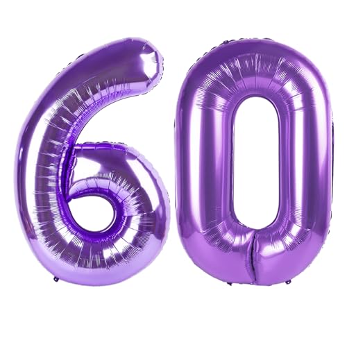 Image of 60 Balloon 40 inch Purple Number Balloons for 60 Birthday Party Decorations | Saturated Color, Large 40 in, With Straw & Hanging Hole, For Back-to-School Season, Wedding, Christmas, New Year, Anniversary