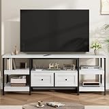 Zstar Industrielles TV-Lowboard mit 2 Schubladen – Offenes Regaldesign & Metallrahmen – Medienkonsole für Fernseher bis 75 Zoll – Rustikales Wohnzimmermöbel mit Stauraum – Antikweiß, 1,6 Meter