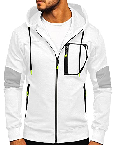 Herren Kapuzenpullover mit durchgehendem Reißverschluss, lässig, langärmelig, Fleecejacke, Kapuzenoberteil, weiß, S Cover