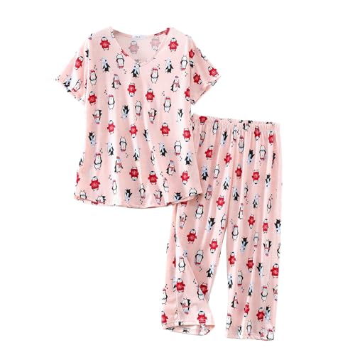 Misscoo Pigiama Donna Estivo,2 Pezzi Cotone Pigiama da Casa Leggero,Maniche