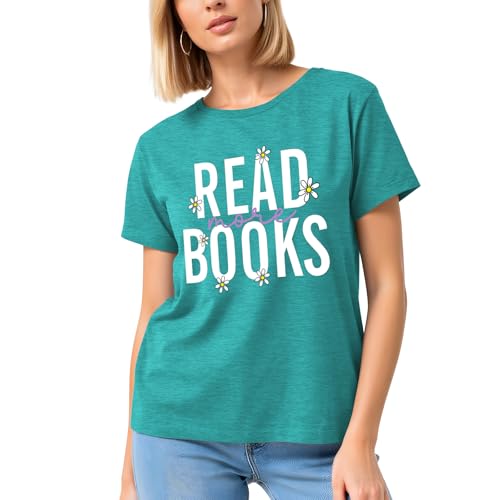 Image of Reading Teacher Shirt Women-Cute Read More Books Short Sleeve Library Book Lovers Daisy Tee Tops
