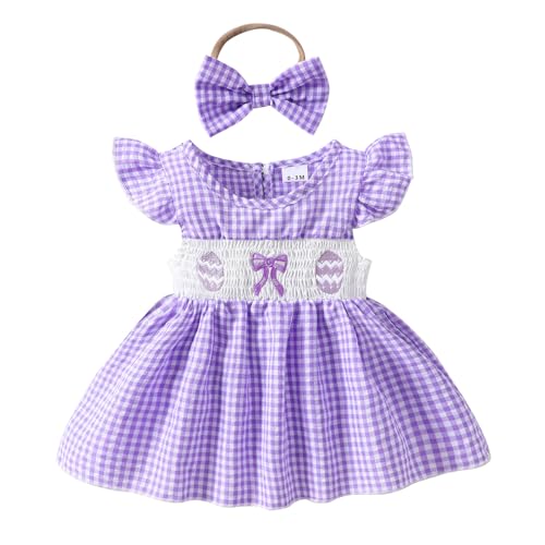 Vestido Bebe Niña de Mangas Cortas Vestidos Recien Nacido Cuadros+Diadema Lazo Lindo Casual Ropa Cómoda En Suave Algodón Cinturilla Elástica con Frunces, Snap Botón Entrepierna para 0 18 Meses