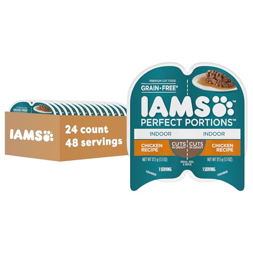 IAMS Perfect Portions Grain Free Wet Cat Food Indoor Adult Cat Food Wet Cuts in Gravy Chicken Recipe (24) 2.6 oz. Twin-Pack Trays