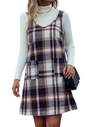Wool Plaid Overall Dress for Women Casual Sleeveless Winter Fall Mini Pinafore Dress (Brown, S) at Amazon Women's Clothing store