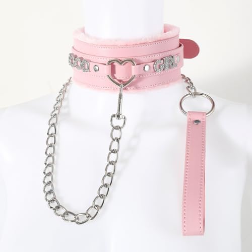 Succuba Handmade Fluffy Heart Rhinestone Heart Ring Pu Leather Choker Collar For Women, Handmade Punk Gothic Letter Necklace Adjustable Fashion Jewerly4