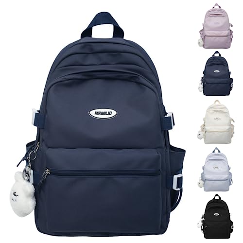 VTTDB Mochila Kawaii con accesorios lindos, mochila estética casual, bolsa simple para laptop, mochila de viaje impermeable para mujer, Azul oscuro, L, Mochilas Daypack