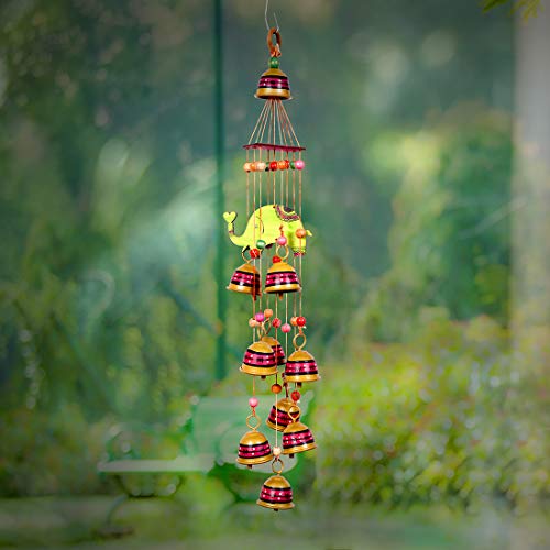 Image of Aakriti Art Creations Elephant Wind Chime with 9 Metal Bells B | Handmade Modern Art Wooden & Metal Wind Chime | Outdoor & Indoor Decorative Wind Chimes for Balcony, Garden, Living Room & Gifting