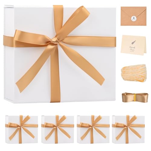 Image of LIFELUM Small Gift Box, 8x7x3 inch White Gift Box Set of 5 with Magnetic Lid for Presents with Ribbon,Card,Shredded Paper Filler Gift for Mom, Birthdays, Christmas Presents