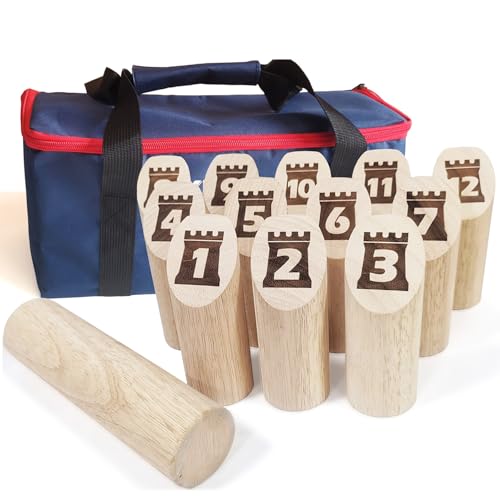 Jac & Mok Kubb Wurfspiel Holz Wurfspiel mit Hartholzstiften inklusive Tragetasche Outdoor Familienspiele Set