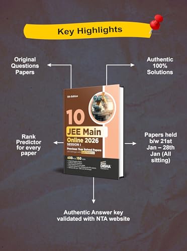Image of Disha 10 JEE Main Online 2026 Session I Previous Year Solved Papers (All sittings) with Rank Predictor 5th Edition | PYQs for Physics, Chemistry & Mathematics | Mock Tests