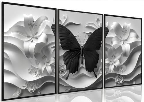 Oulores Black and White Wall Art Decor Butterfly Floral 3 Piece 1...