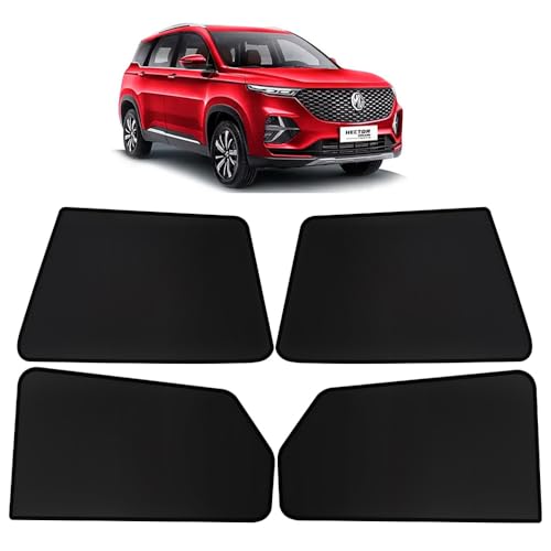 Image of OTO2EYE Car Sun Shade Compatible for Morris Garages MG Hector Plus Model 2020-2024, Z-Black Fix Type Side Window Curtains, Only Half Cut in Front Window, 6 Pieces Set