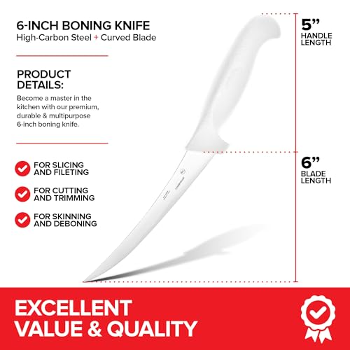 Modern Innovations 6 Inch Boning Knife, Ultimate Culinary butchers knife, White Plastic & Stainless Steel Curved Boning Knife for Meat Cutting, Deboning & Filleting with Ultra-Sharp Stiff Blade