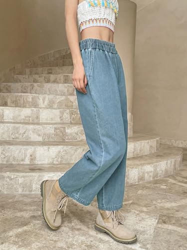 Image of Sugathari Girl's & Women's Denim Cotton Elastic Waist Cropped Straight Ankle Length Wide Leg Casual Baggy Jeans for Women, Trousers Pant for Women (Jeans 239)