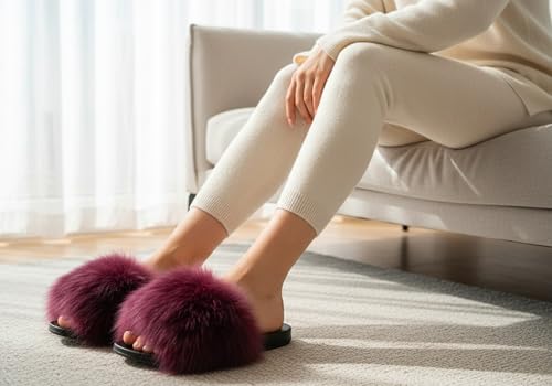 Image of Big Faux Fur Slides, Furry Slippers for Women Fuzzy Fluffy Sandals Shoes