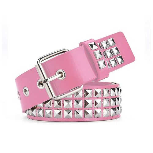 Black Studded Belt Punk Rock Rivet Belt Grommet Threads Belt with Bright Metal Pyramid Punk Leather Belt for Jeans (Pink)