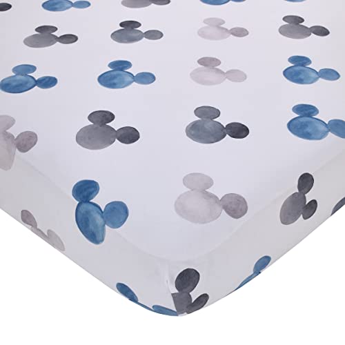 Image of Everything Kids Disney Mickey Mouse - Black, White and Blue Watercolor Mickey Ears Nursery Polyester Fitted Crib Sheet