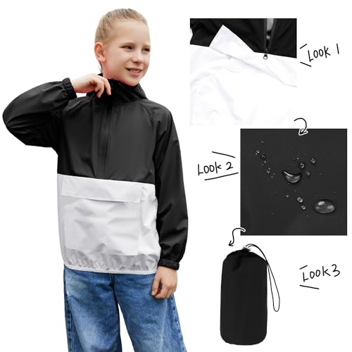 Image of MODAFANS Girls Boys Rain Jacket Lightweight Waterproof Packable Hooded Half zip RainCoats Windbreaker for Outdoor 4-13Year