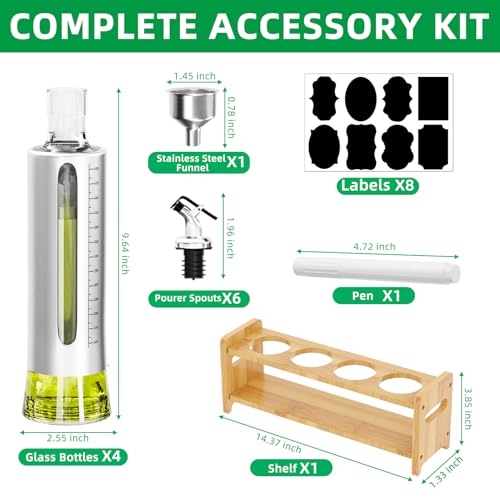 SINYWAY Oil Dispenser Bottle, 4 Pack Glass Olive Oil Dispenser Bottle with Shelf, 17oz/500 ml Oil and Vinegar Dispenser Set Wrapped in Stainless Steel Shell with Pourers, Funnel & Pen and Tags