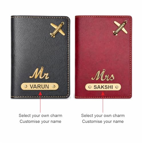 Image of Customized Couple Passport Cover Gift Set 2 Pcs | Personalized Leather Passport Covers with Name & Charm| Anniversary, Valentine, Birthday and Travel Gift (Black)