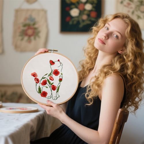 Image of Crafmanoe Cat Embroidery Kits for Beginners Adults, Flowers Embroidery Starter Kits, Counted Cross Stitch Kits for Beginners Adults Hobbies Set for Women, Embroidery Hoops, Thread and Video Tutorial