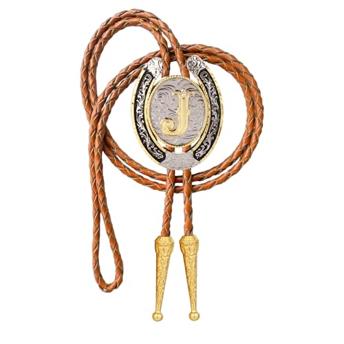 Image of Bolo tie for Men Western Cowboy Brown Leather Necktie Gold Initial Letter ABCDJMR to Z Bolo ties for Women