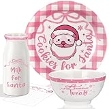 Nitial Christmas Cookies for Santa Plate Christmas Dinnerware Set Cookies for Santa Plate Set with Milk Jar, Reindeer Treat Bowl, and Dear Notepad Eve Gift for Kids (Pink Buffalo Plaid)