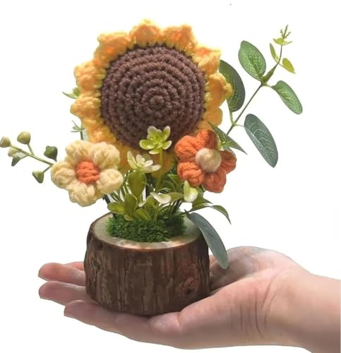 Image of VRB DecTM 1 Pcs Crochet Flowers Artificial Sunflower for Office Desk Car Dashboard Decor,Home Decoration, Office, Bedroom (Sunflower Artificial Plants with Pot Wodden - 1 Pcs)