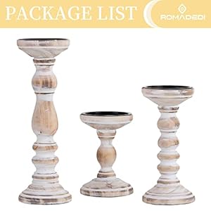 Candle Holder for Pillar Candles: Romadedi Set of 3 Decorative Wood Candlestick Holders, Rustic Wooden Candle Stand for Fireplace Mantle End Table Shelf in Farmhouse Style, Whitewashed 6”, 8.3”, 12” Candle Holder for Pillar Candles Romadedi Set of 3 Decorative Wood Candlestick Holders Rustic Wooden Candle Stand for Fireplace Mantle End Table Shelf in Farmhouse Style Whitewashed 6 83 12