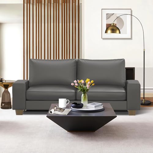 Image of Valthie Faux Leather Couch, Mid Century Modern Comfy Loveseat Sofa with Wide Arm, Side Pockets, Solid Wooden Frame for Office, Living Room and Bedroom, 3 Seater (Gery, 88.58 inches)