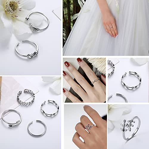 KALVICA 12 Stücke Offene Ringe Set für Damen Mädchen Frauen Fingerringe Set Knot Wellen Unendlichkeits Feder Silber Ringe Zehenring Verstellbar