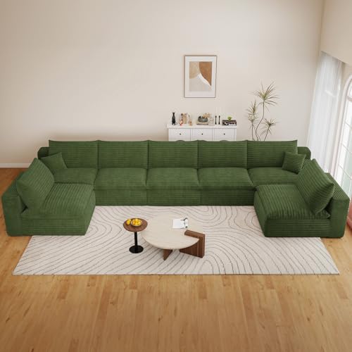Image of 165 inch Cloud Couch Modular Sectional Sofa for Living Room, U-Shape Boneless Couch with Deep Seat, Modern Corduroy 7-Seater, No Assembly Required, Green