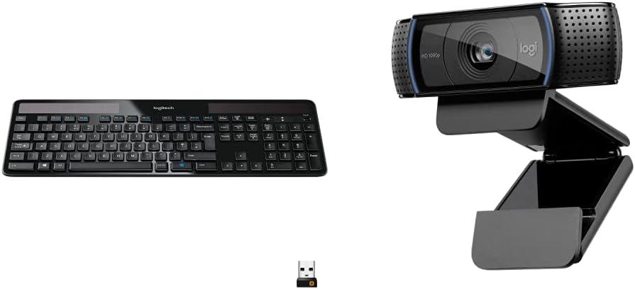 Logitech K750 Wireless Solar Keyboard - Black & C920 HD Pro Webcam, Full HD 1080p/30fps Video Calling, Clear Stereo Audio, HD Light Correction, Works with Skype, Zoom, FaceTime - Black