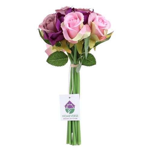 HOMEVERSE 6pcs Pink+6pcs Purple Artificial Rose Fake Silk Plants Wedding Valentines Birthday Anniversary Christmas Mothers Day (Purple+Pink-12pcs)