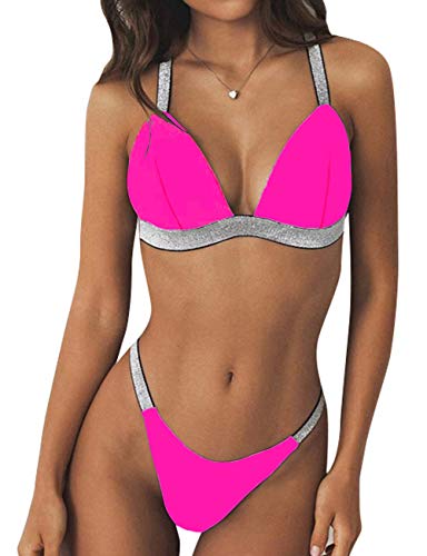 ANASABI Women Triangle Thong Push Up Bikini Set Brazilian Molded Bra Swimsuit Neon Hot Pink S