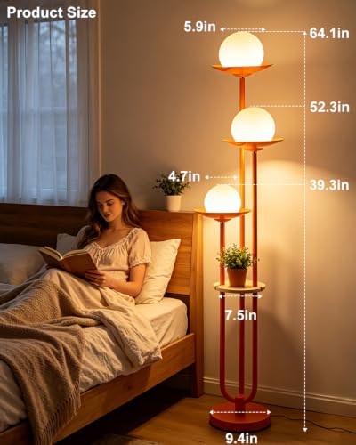Image of Lightdot Globe Orange Floor Lamp with Shelf 3-Lights Modern Dimmable Floor Lamps for Wedding /Party, 3000K Warm White Bulbs Included, Tall Standing Lamp for Living Room /Bedroom /Sofa Beside /Corner Decor