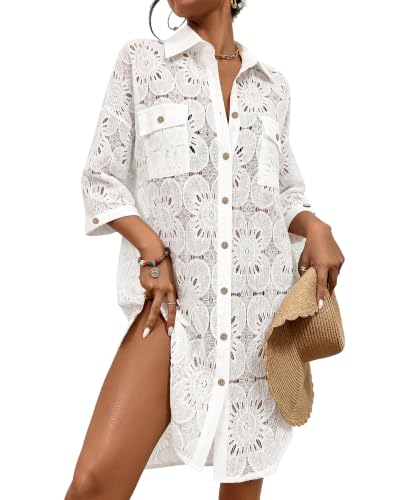 Bsubseach Womens Modern Swimsuit Cover Up Blouse Button Down Shirt Dresses Tops Eyelet White XL