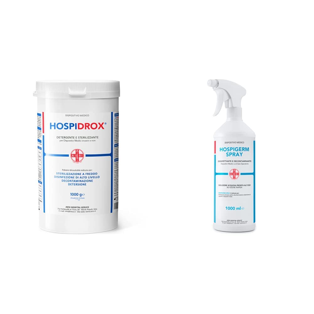 AIESI® Sterilizzante a freddo in polvere per ferri chirurgici dispositivi medici strumenti estetica acido peracetico 1 kg HOSPIDROX & Disinfettante spray pronto uso ad azione rapida